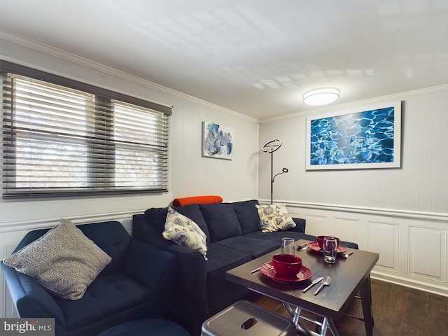 living room featuring crown molding and dark wood-type flooring