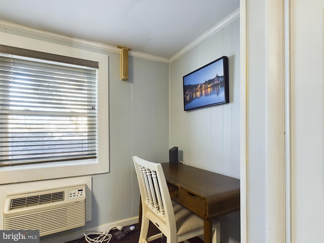 dining space with wood walls, crown molding, and a wall mounted AC