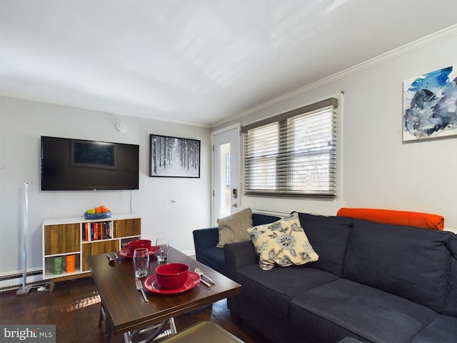 living room featuring wood-type flooring, ornamental molding, and a baseboard heating unit