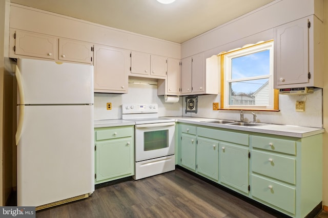 kitchen with white cabinetry, dark hardwood / wood-style flooring, white appliances, and sink