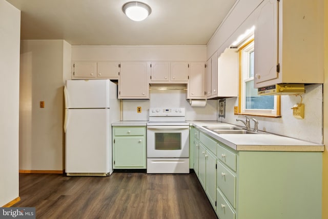 kitchen featuring white cabinets, dark hardwood / wood-style floors, white appliances, and sink