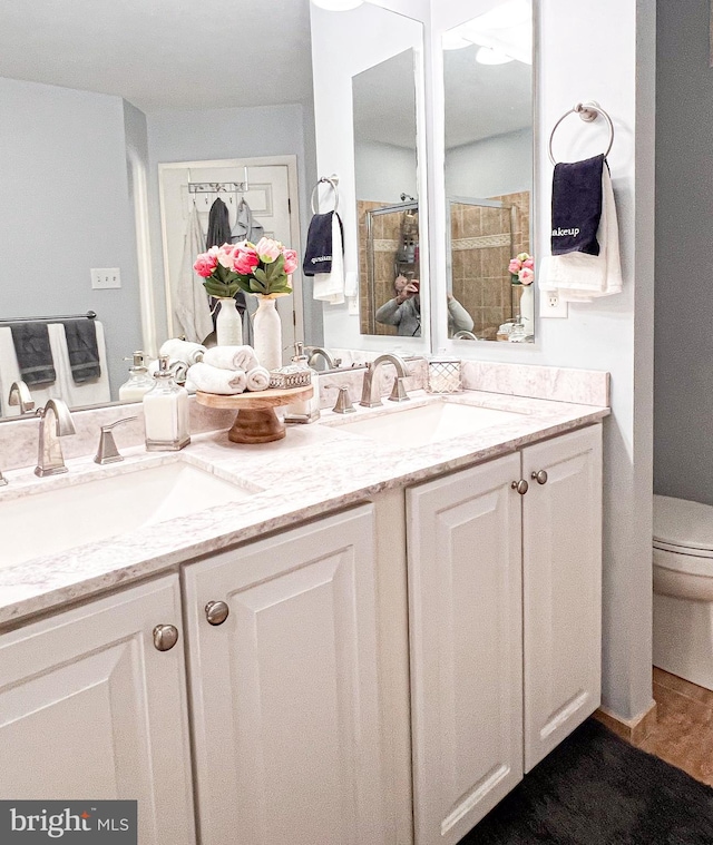 bathroom with a shower, vanity, and toilet