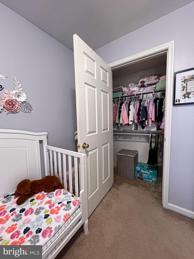 bedroom with carpet flooring and a closet