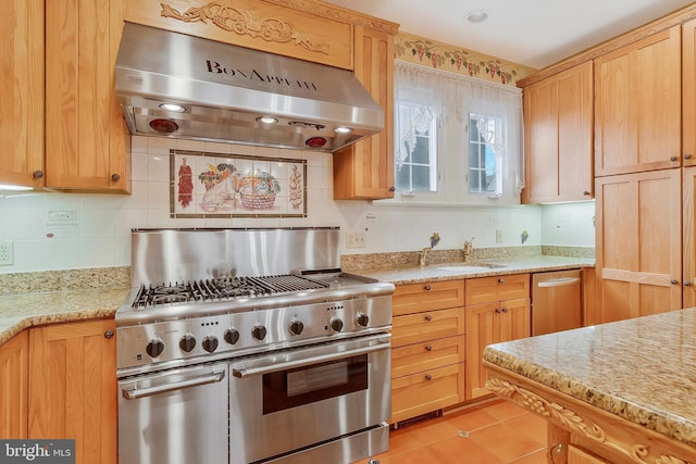 kitchen with sink, appliances with stainless steel finishes, backsplash, light stone counters, and exhaust hood