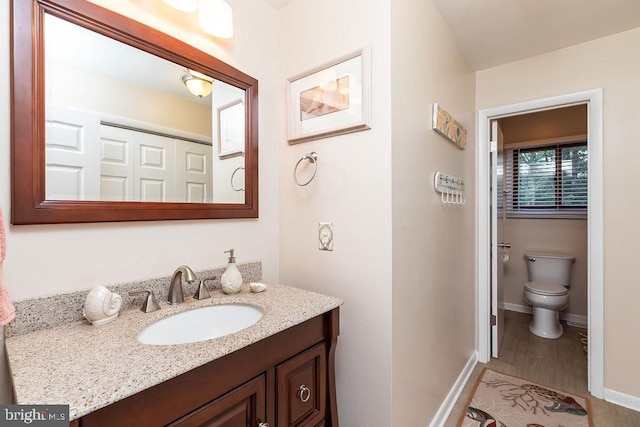 bathroom featuring toilet, vanity, and hardwood / wood-style flooring