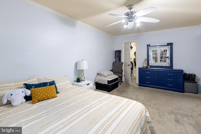 bedroom featuring ceiling fan, light colored carpet, and crown molding