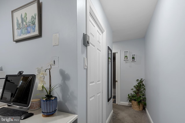 hallway with carpet floors