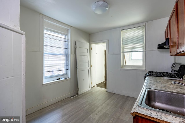 kitchen with range with gas stovetop, sink, light hardwood / wood-style flooring, and exhaust hood