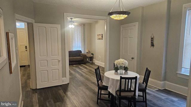 dining room featuring a wealth of natural light, dark hardwood / wood-style flooring, and ceiling fan