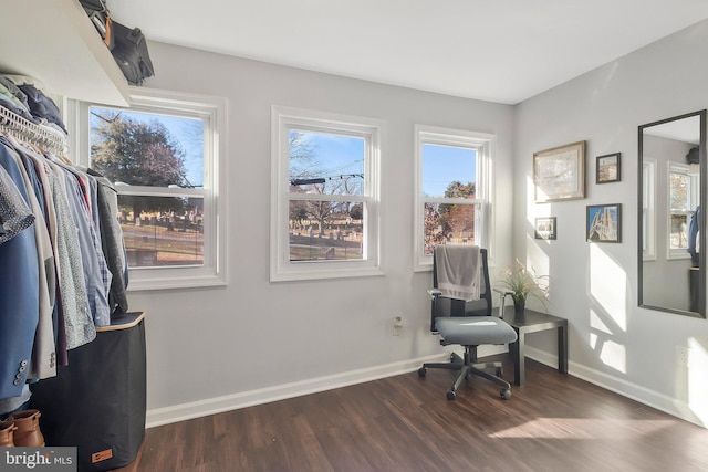 living area with dark hardwood / wood-style flooring and a healthy amount of sunlight