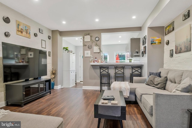 living room with dark hardwood / wood-style flooring