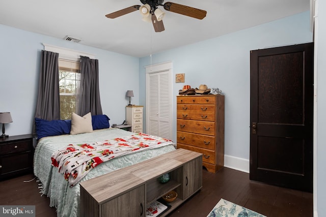 bedroom featuring ceiling fan, a closet, and dark wood-type flooring