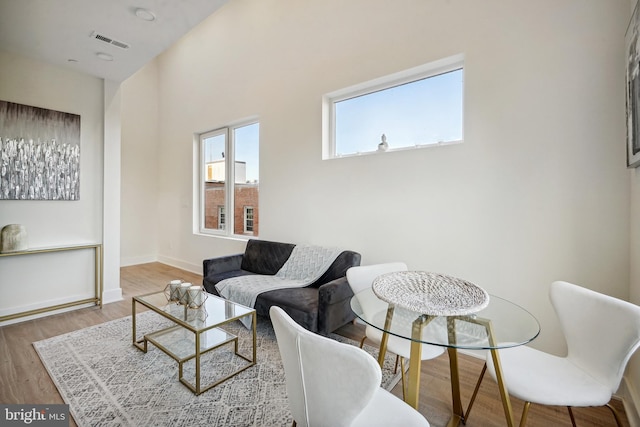 living room featuring hardwood / wood-style floors and a high ceiling