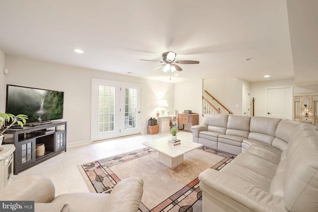 tiled living room featuring ceiling fan