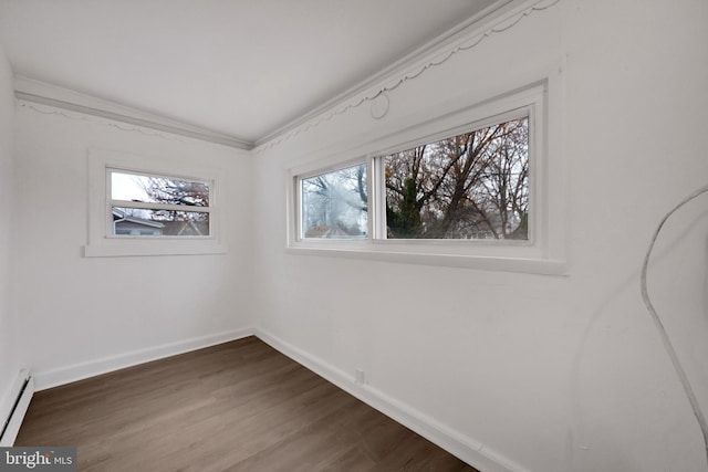 unfurnished room featuring wood-type flooring, a baseboard heating unit, and a healthy amount of sunlight