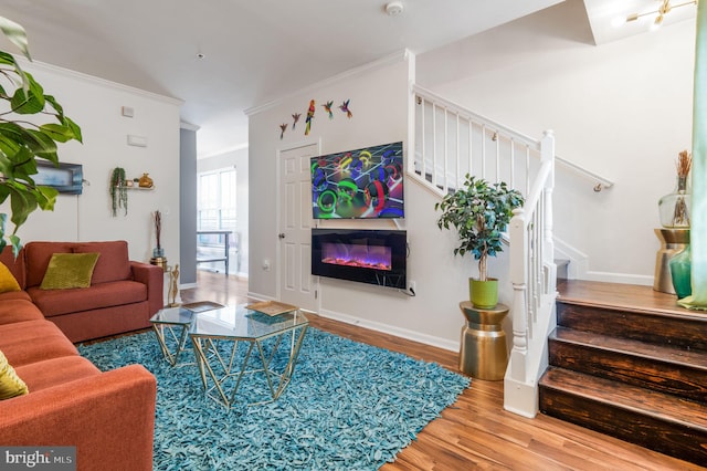 living room featuring wood-type flooring and crown molding