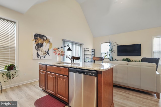 kitchen featuring a center island, high vaulted ceiling, sink, light hardwood / wood-style flooring, and stainless steel dishwasher