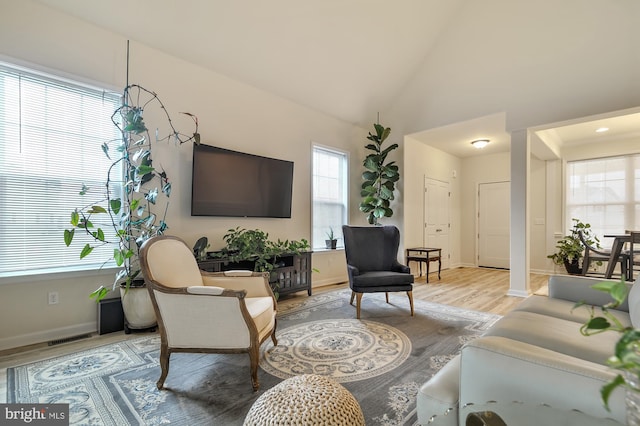 living room featuring high vaulted ceiling and light hardwood / wood-style flooring