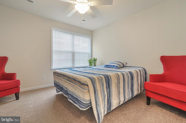 bedroom with ceiling fan and carpet