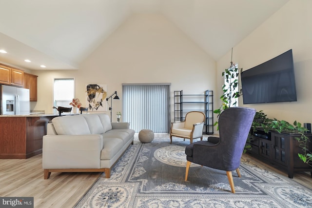 living room with light hardwood / wood-style floors and high vaulted ceiling