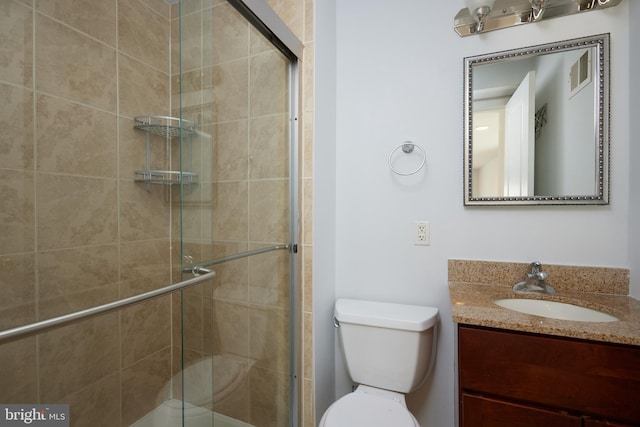 full bathroom with visible vents, a stall shower, vanity, and toilet