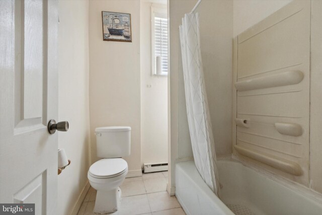 2048 S Croskey St, Philadelphia, PA 19145 - bathroom featuring a baseboard radiator, toilet, tile patterned floors, shower / bath combination with curtain, and baseboards