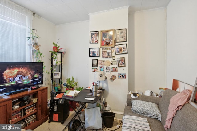 home office with light carpet and crown molding