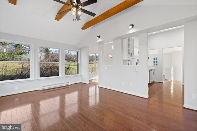 unfurnished living room featuring ceiling fan, dark wood-type flooring, a baseboard heating unit, beam ceiling, and high vaulted ceiling