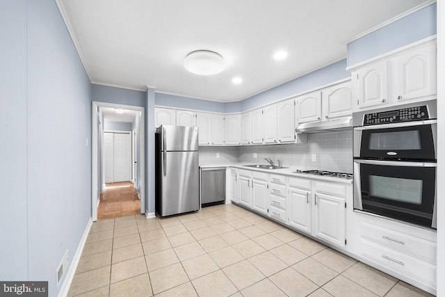 kitchen with crown molding, sink, white cabinets, and stainless steel appliances