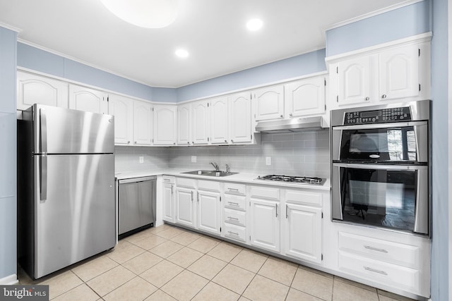 kitchen with backsplash, sink, white cabinets, and appliances with stainless steel finishes