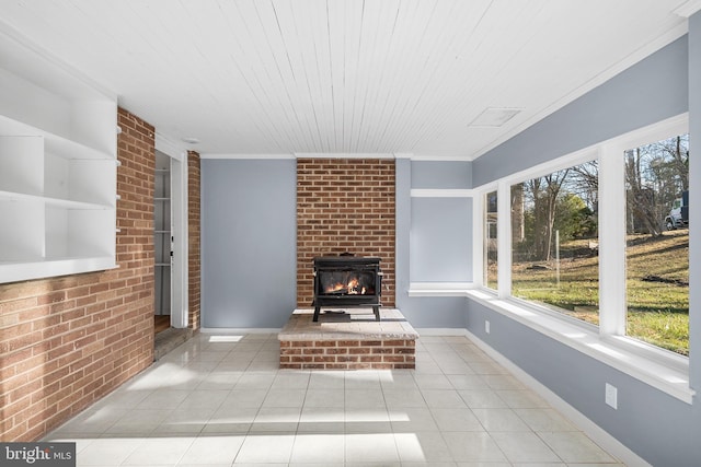 unfurnished living room with wooden ceiling, ornamental molding, and light tile patterned flooring