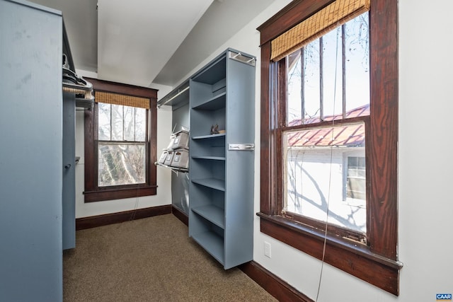 spacious closet with dark colored carpet