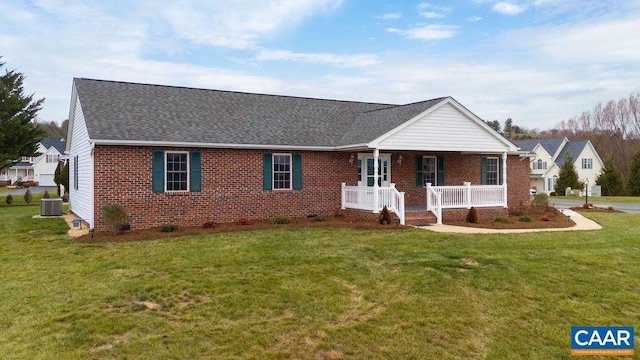 single story home featuring central AC, a front lawn, and a porch