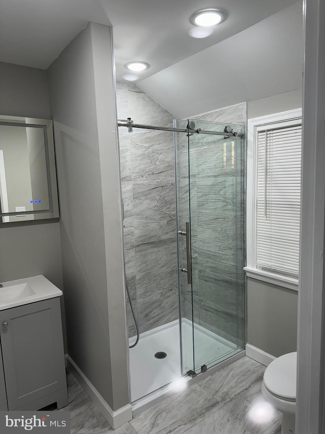 bathroom with vanity, toilet, a shower with shower door, and lofted ceiling