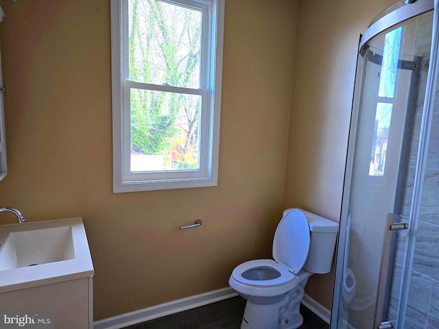 bathroom featuring vanity, toilet, and walk in shower