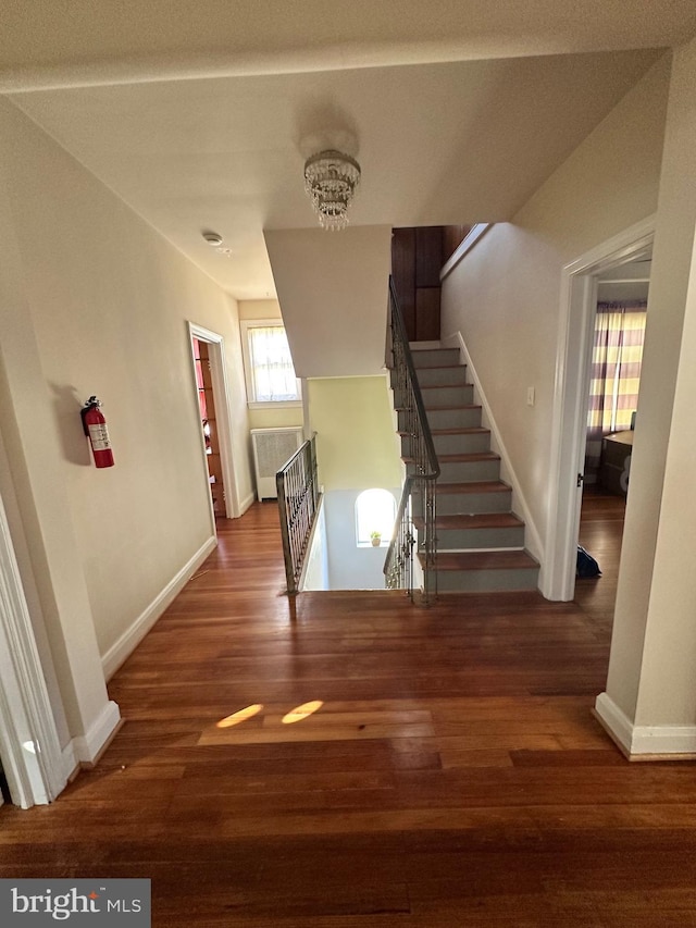 corridor with dark hardwood / wood-style floors and radiator heating unit