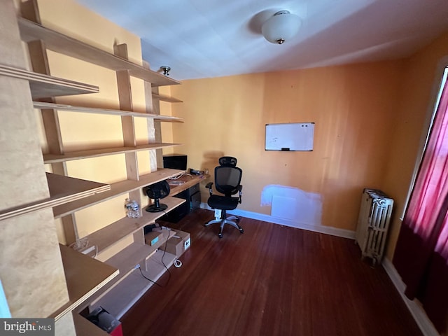 office featuring dark hardwood / wood-style flooring and radiator heating unit