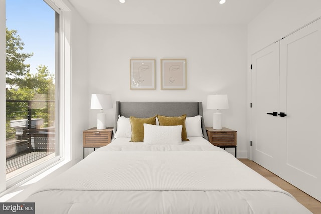 bedroom featuring light wood-type flooring and a closet