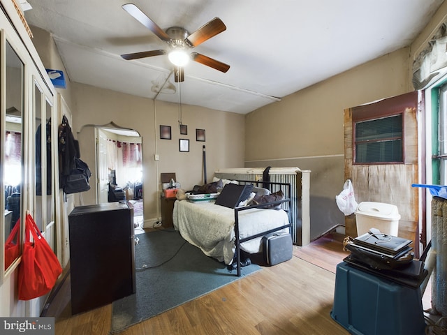 bedroom with ceiling fan, wood-type flooring, and multiple windows