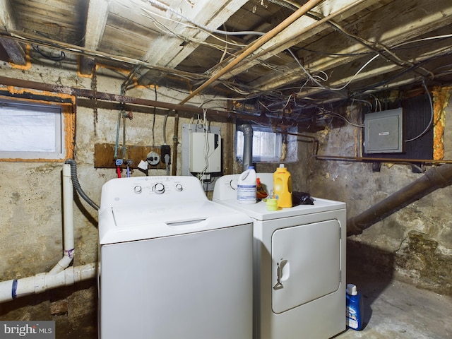 laundry area with electric panel and washing machine and clothes dryer