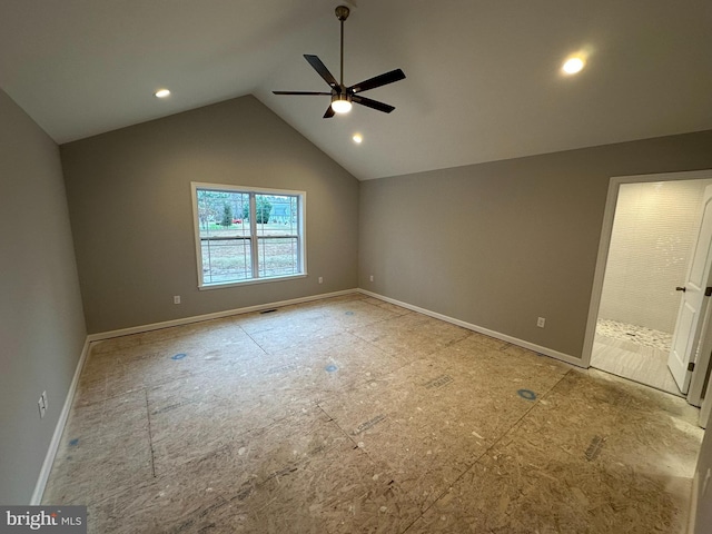 unfurnished bedroom featuring ceiling fan and vaulted ceiling