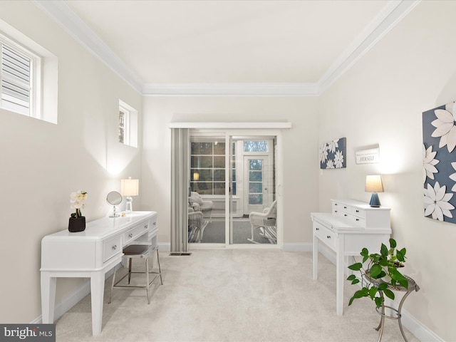 office area featuring light carpet and ornamental molding