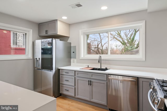 kitchen with gray cabinets, light wood-type flooring, sink, and appliances with stainless steel finishes