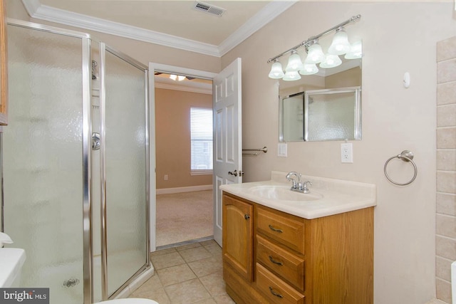 bathroom with tile patterned floors, walk in shower, and ornamental molding