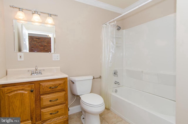 full bathroom with vanity, shower / bath combo, tile patterned floors, crown molding, and toilet