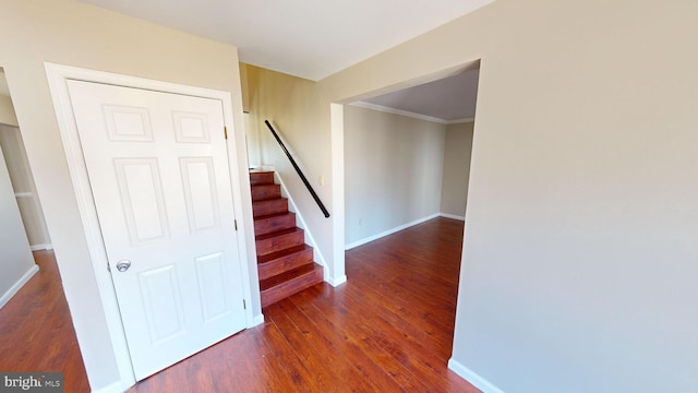 stairs featuring hardwood / wood-style flooring and ornamental molding