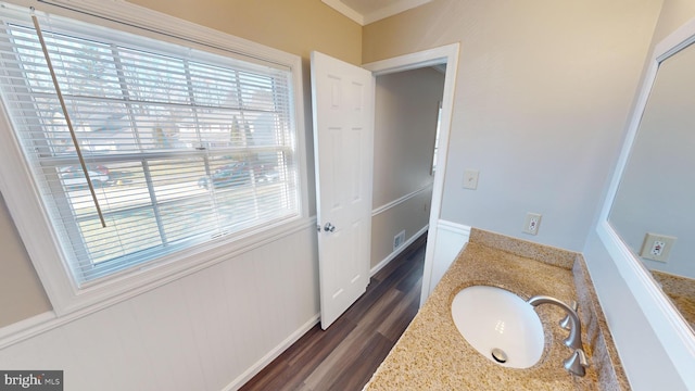 bathroom featuring vanity, a healthy amount of sunlight, and hardwood / wood-style flooring