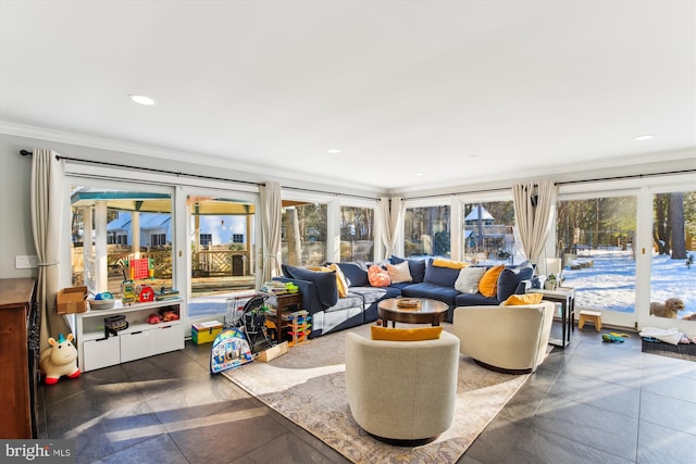 living room with crown molding, french doors, and plenty of natural light