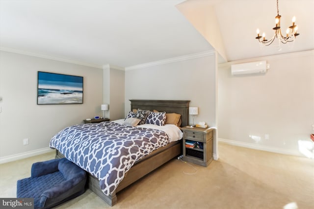 bedroom featuring carpet flooring, a wall mounted AC, crown molding, and a chandelier