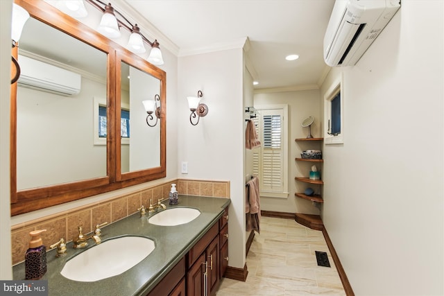 bathroom featuring a wall mounted air conditioner, vanity, and crown molding